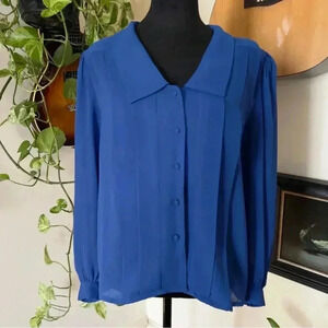 Vtg 70s 80s Kle Royal Blue Button Blouse - Size Large